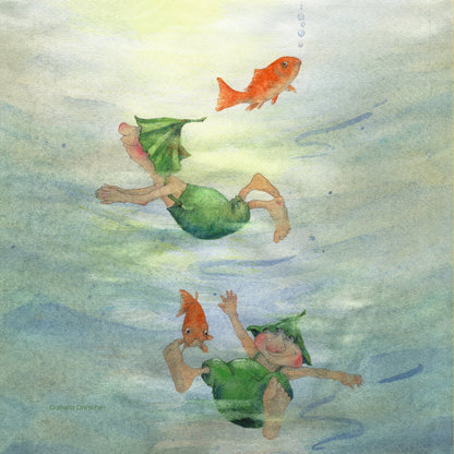 Illustration of two gnomes in green costumes swimming with goldfish underwater.
