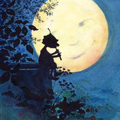 Griswald the Gnome playing his flute against a large moon in a night sky with leaves.