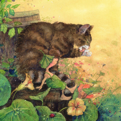 Griswald the Gnome in a garden setting with a large brown striped cat