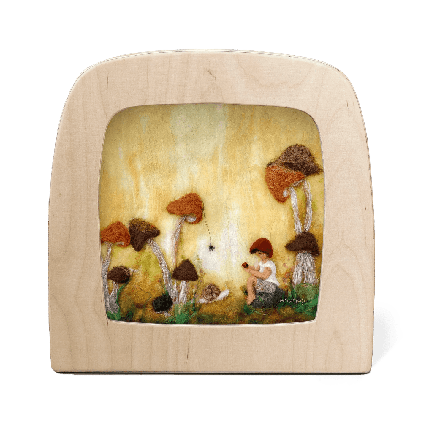 Child holding a ladybug, surrounded by mushrooms, a snail, and a spider