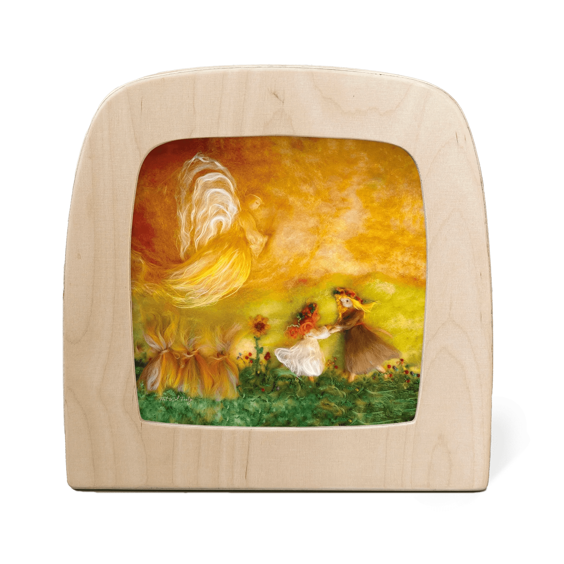 Wooden frame with a silhouette of an angel overlooking two children playing in an autumn field