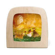 Wooden frame with a silhouette of an angel overlooking two children playing in an autumn field