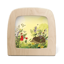 Wooden frame with a fairy and hedgehog illustration on a white background