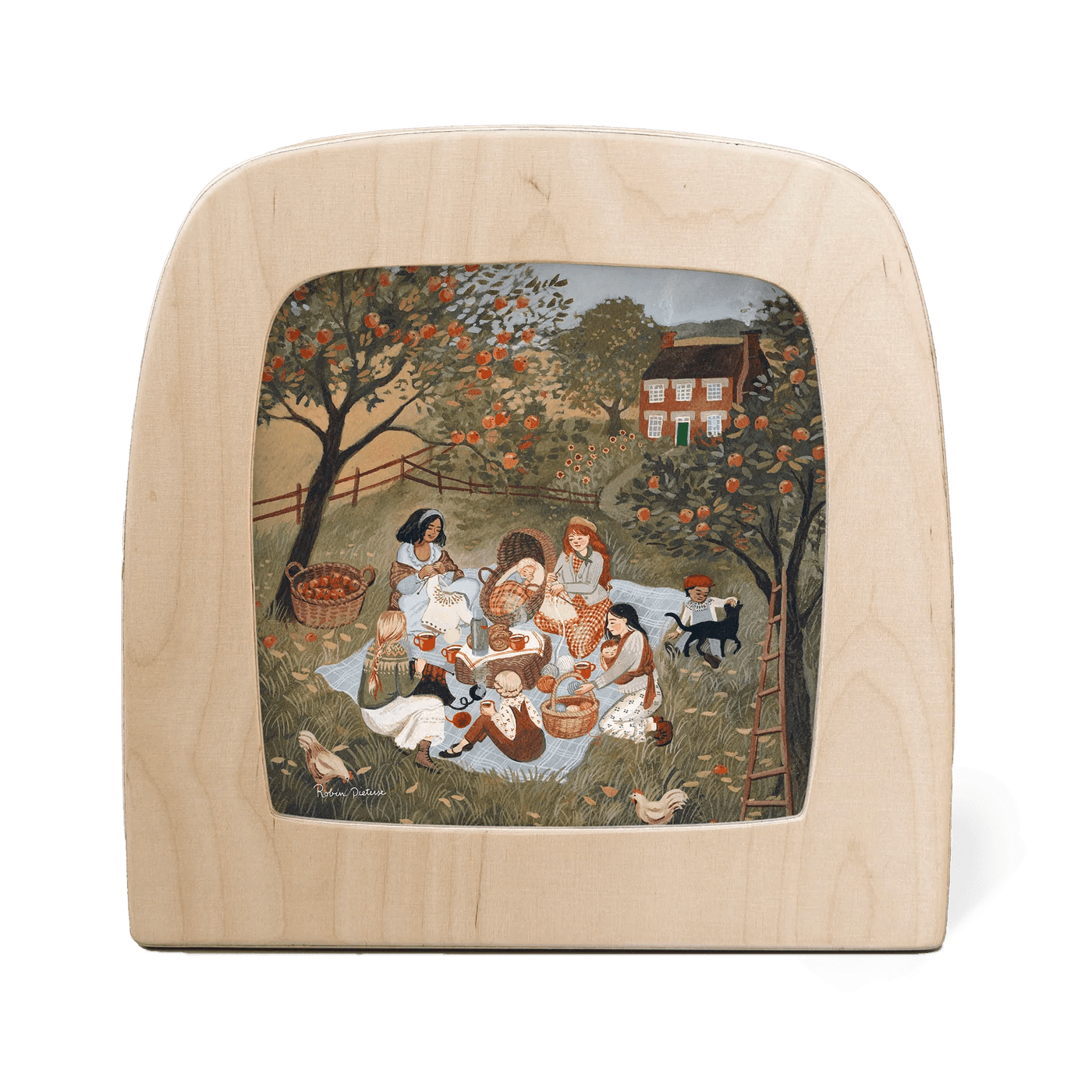 Wooden frame with silhouette of a group of people having a picnic under apple trees