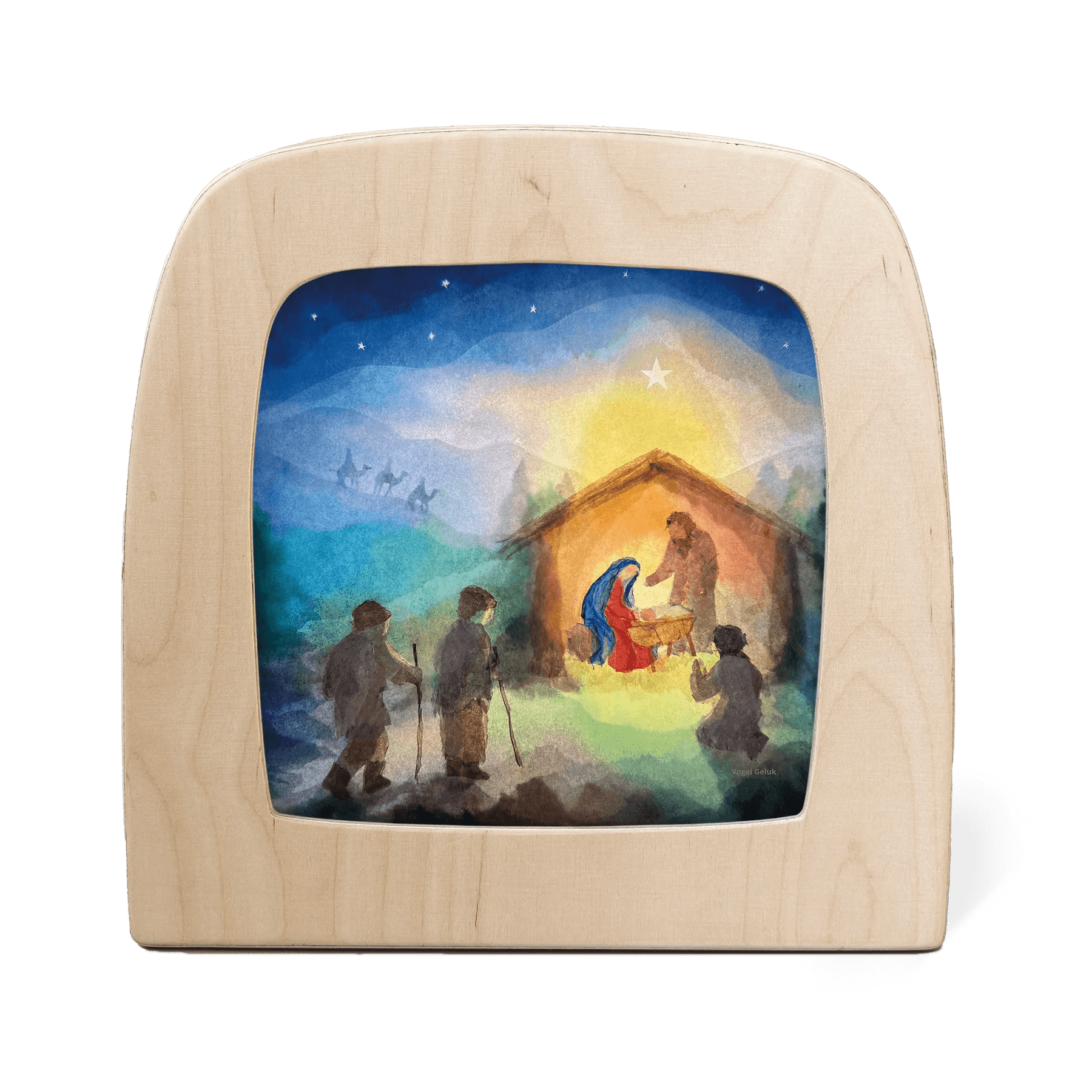 Wooden frame with a silhouette of a Nativity scene featuring Mary, Joseph, baby Jesus, the three wise men, and others gathered around the manger