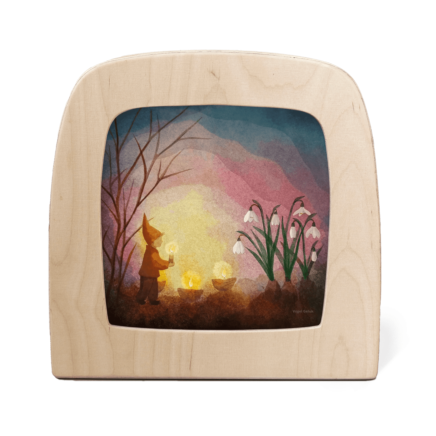 Silhouette of a gnome, candles, and flowers