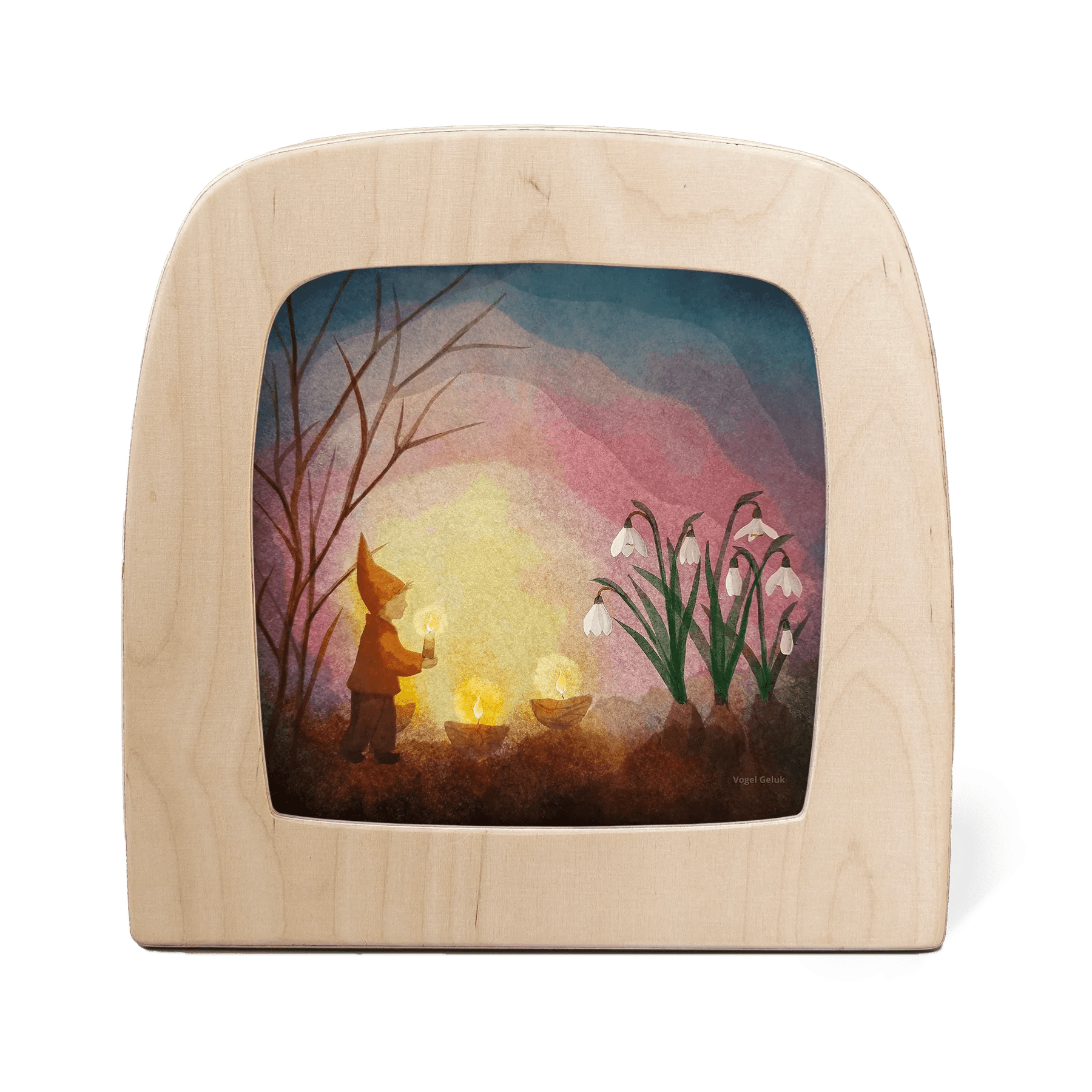 Silhouette of a gnome, candles, and flowers