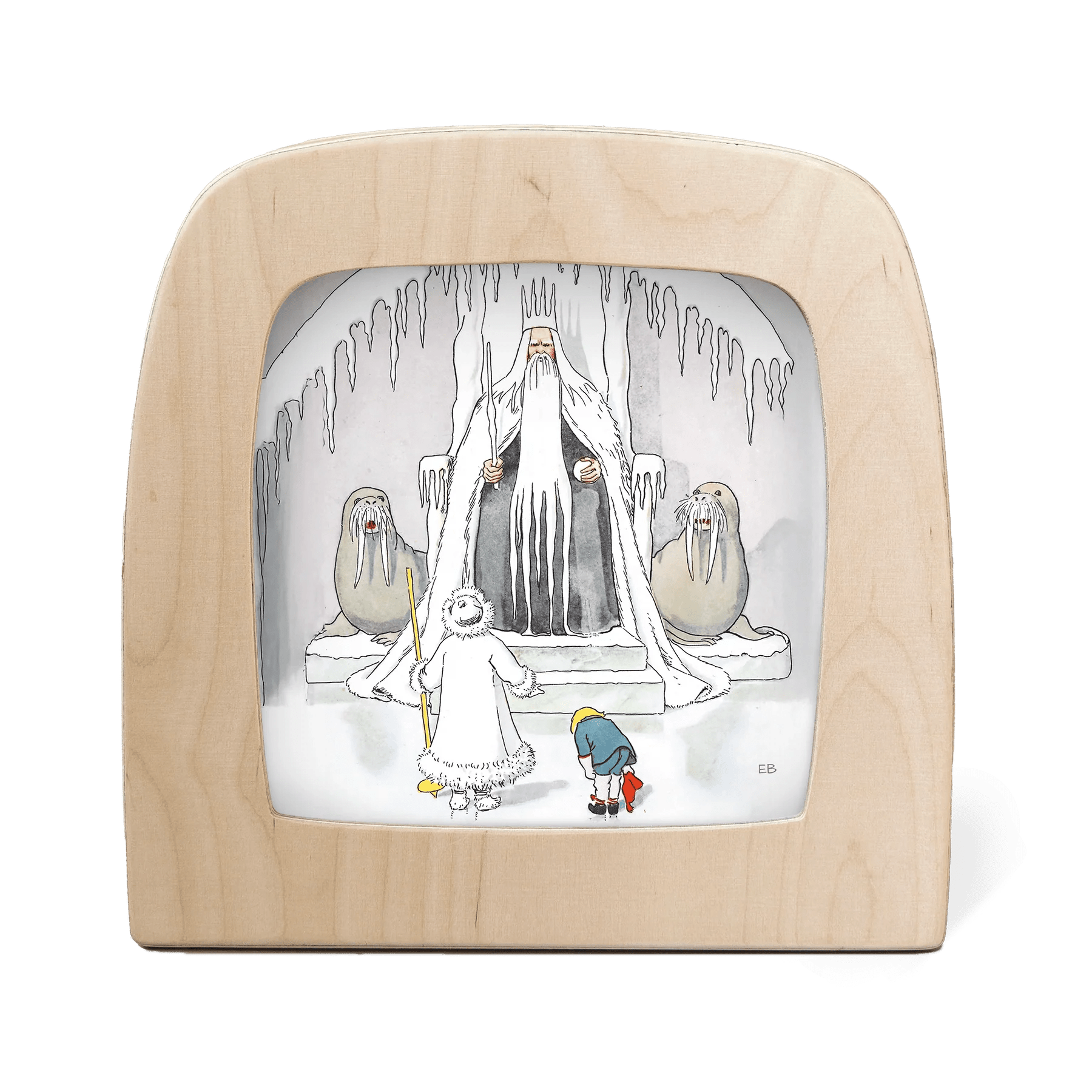 Silhouette of Jack Frost and Ollie standing in front of King Winter and his walruses