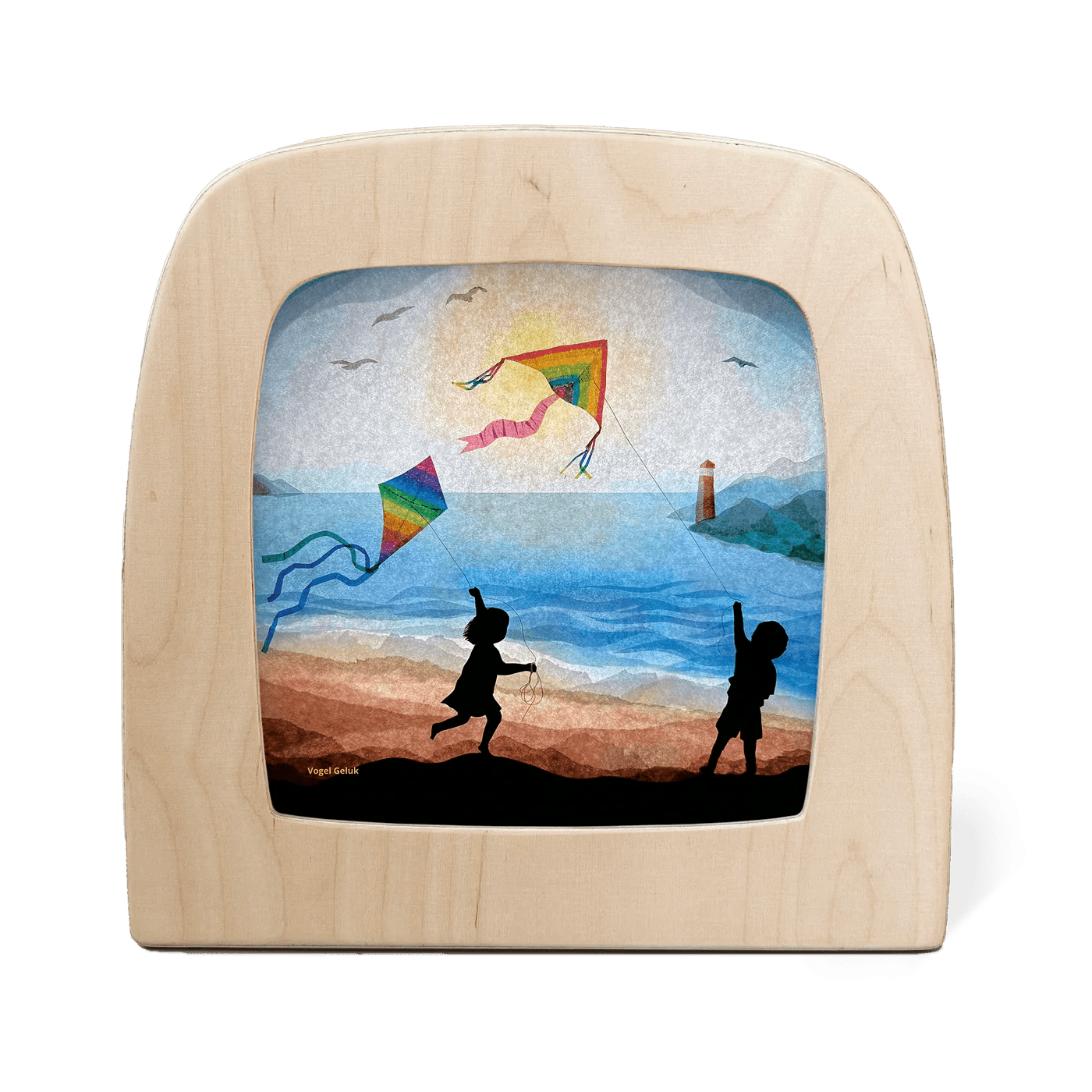 Silhouette of two children flying kites at the beach