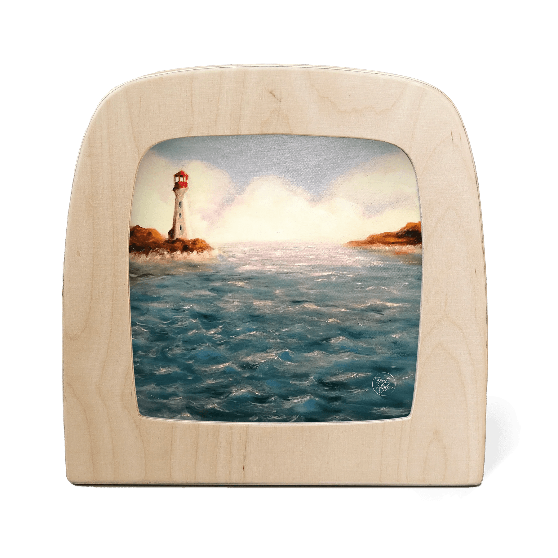 Wooden picture frame with a scenic view of a lighthouse on water.