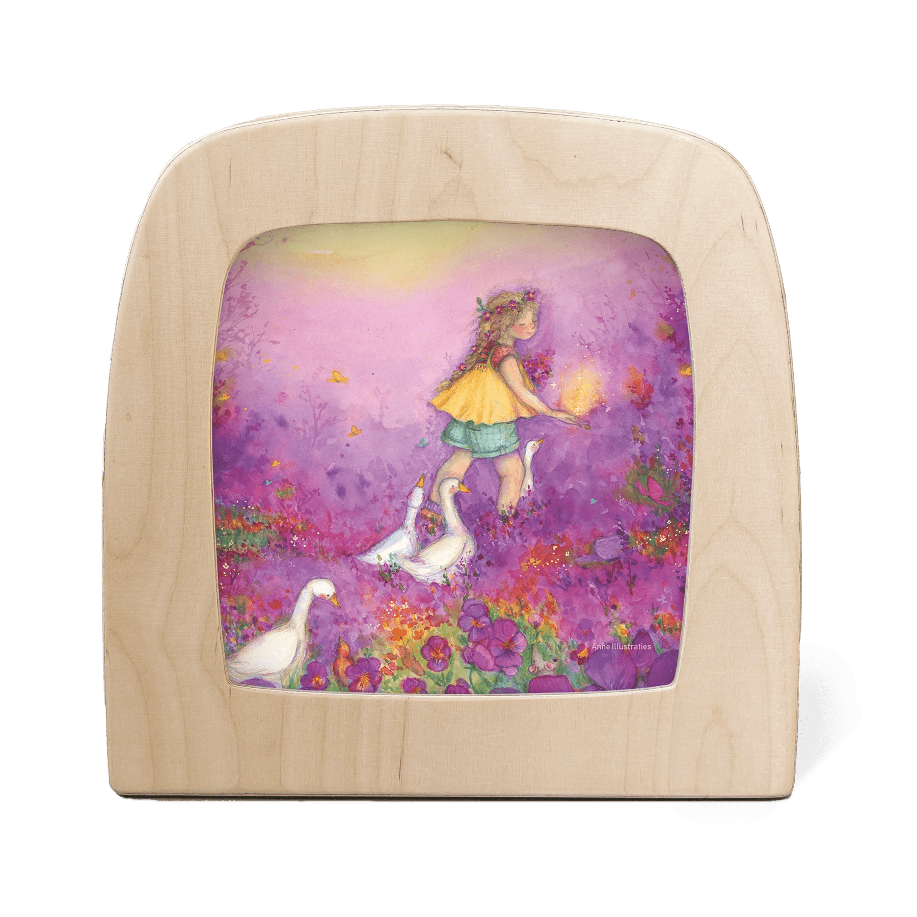 Wooden frame with silhouette of a girl in a purple flower field followed by white geese