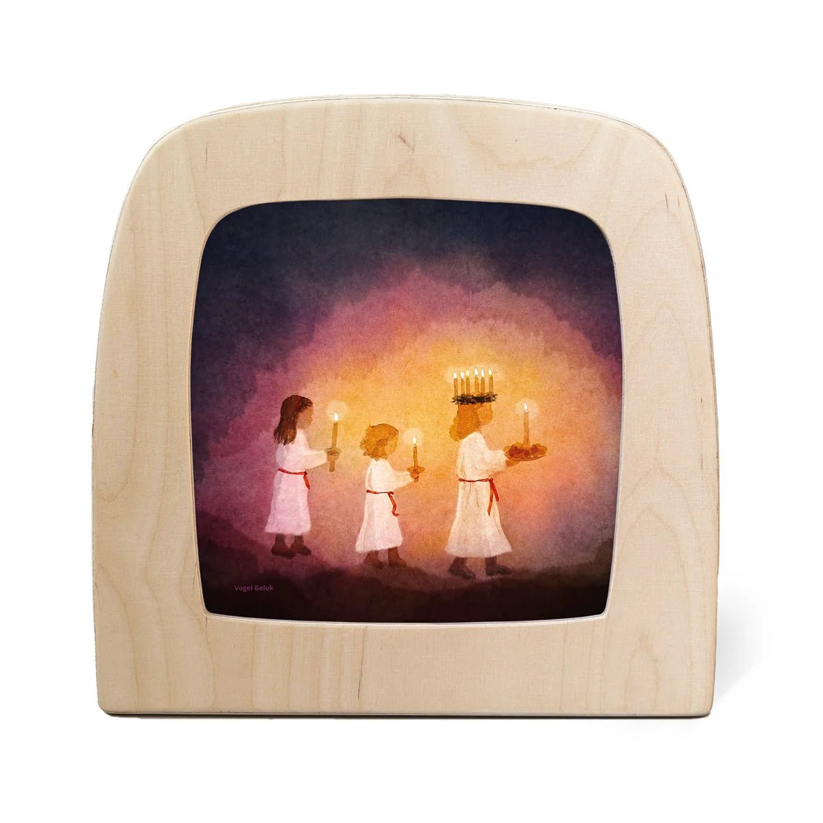 Toverlux lamp, featuring a printed illustration of three children in white robes holding candles against a glowing purple and orange background.