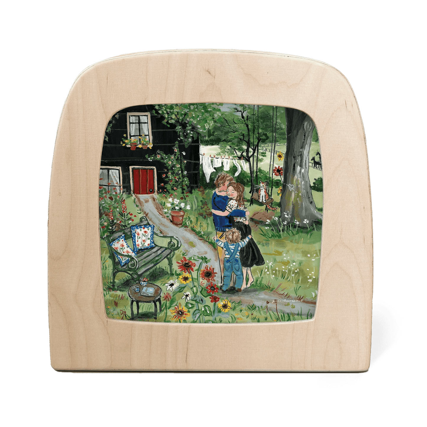 Wooden picture frame with a painted scene of a family in a garden.