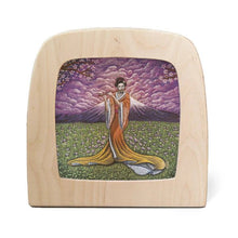 Wooden frame with illustration of a woman playing the flute in front of a mountain landscape