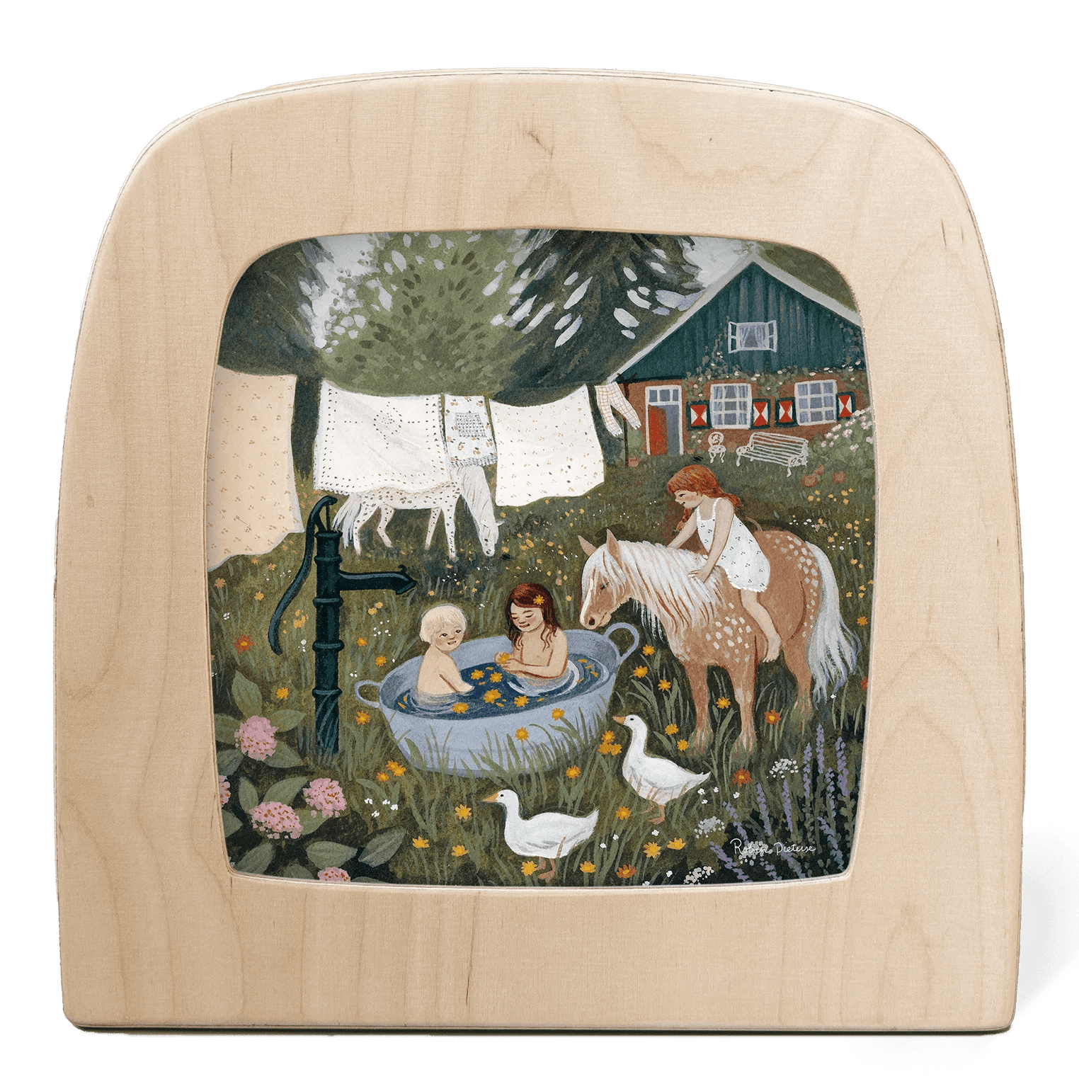 Silhouette of two children in a wash tub outside, with horses, laundry, and a house in the background
