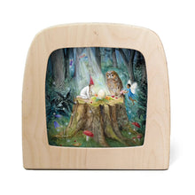 Toverlux lampfeaturing a colorful fantasy forest illustration of a gnome, owl, and fairy around a tree stump, shown on a white background.