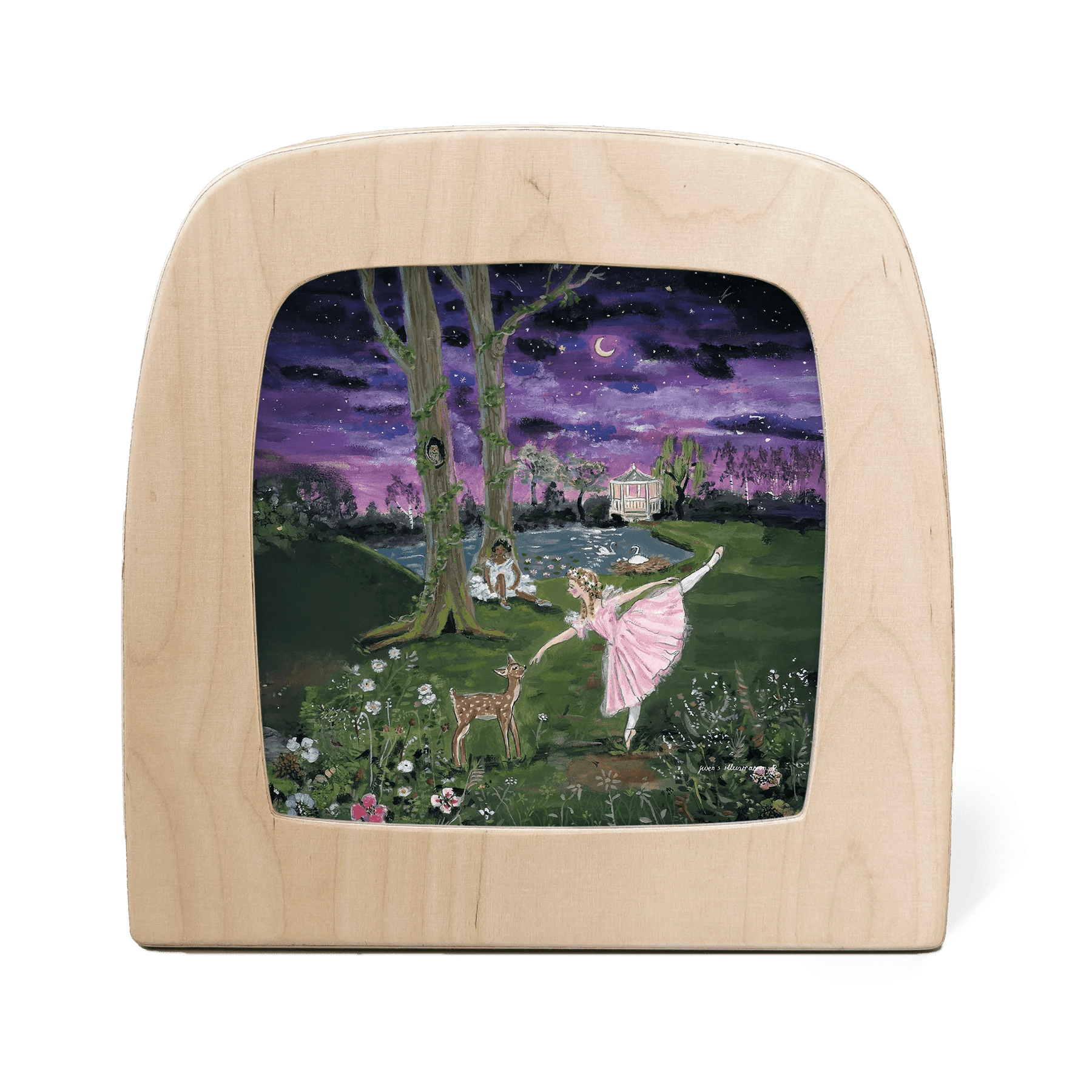 Silhouette with two ballerinas dancing in a meadow at night with fawn and swans