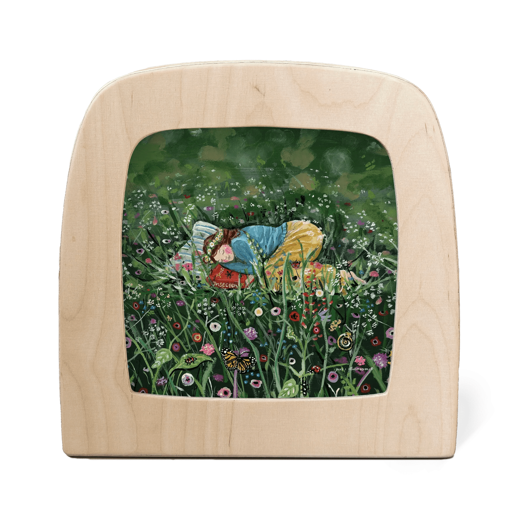 Wooden frame with silhouette of young girl sleeping in a green field surrounded by flowers and bugs