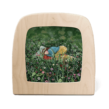 Wooden frame with silhouette of young girl sleeping in a green field surrounded by flowers and bugs