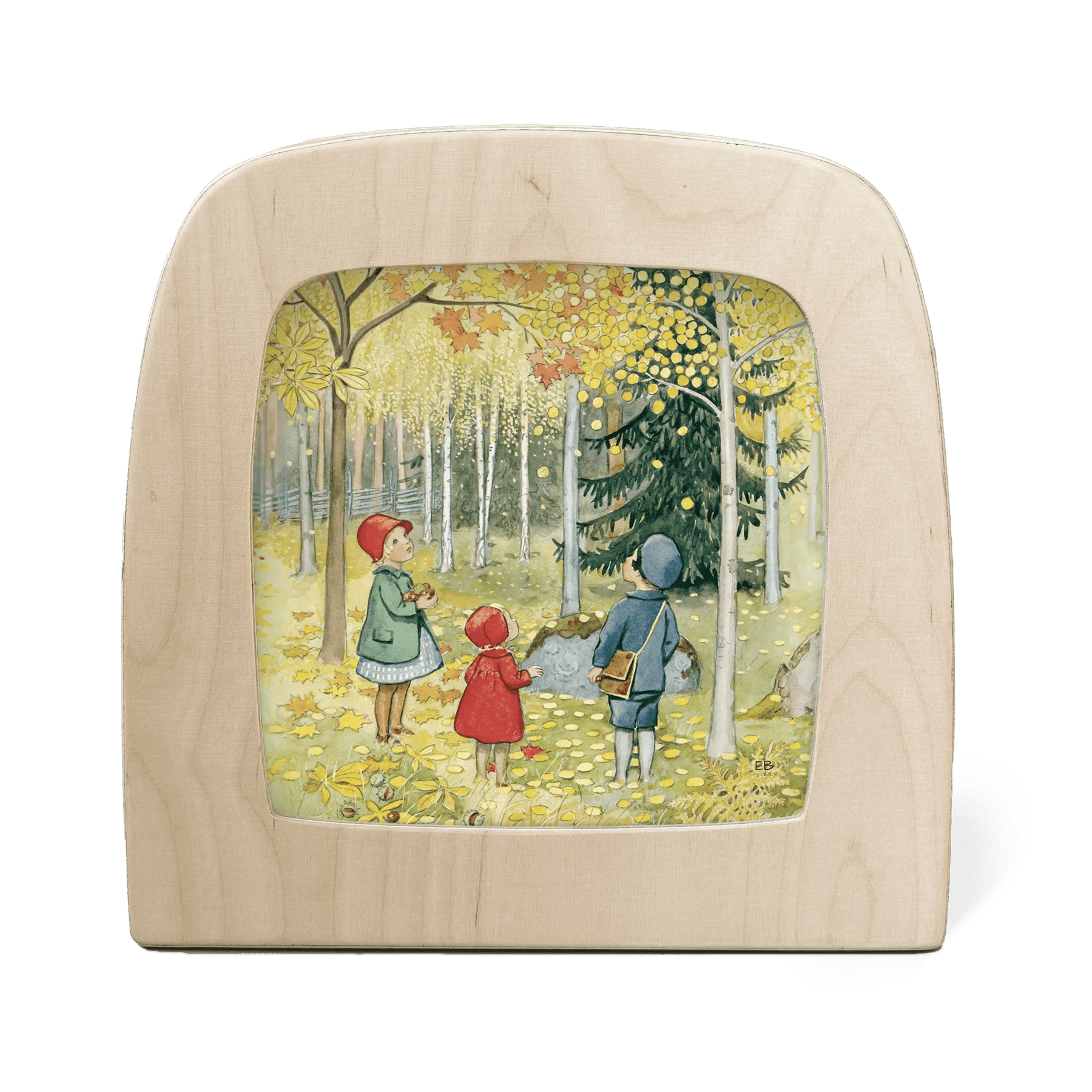 Three children stand in a forest full of yellow, orange, and gold leaves