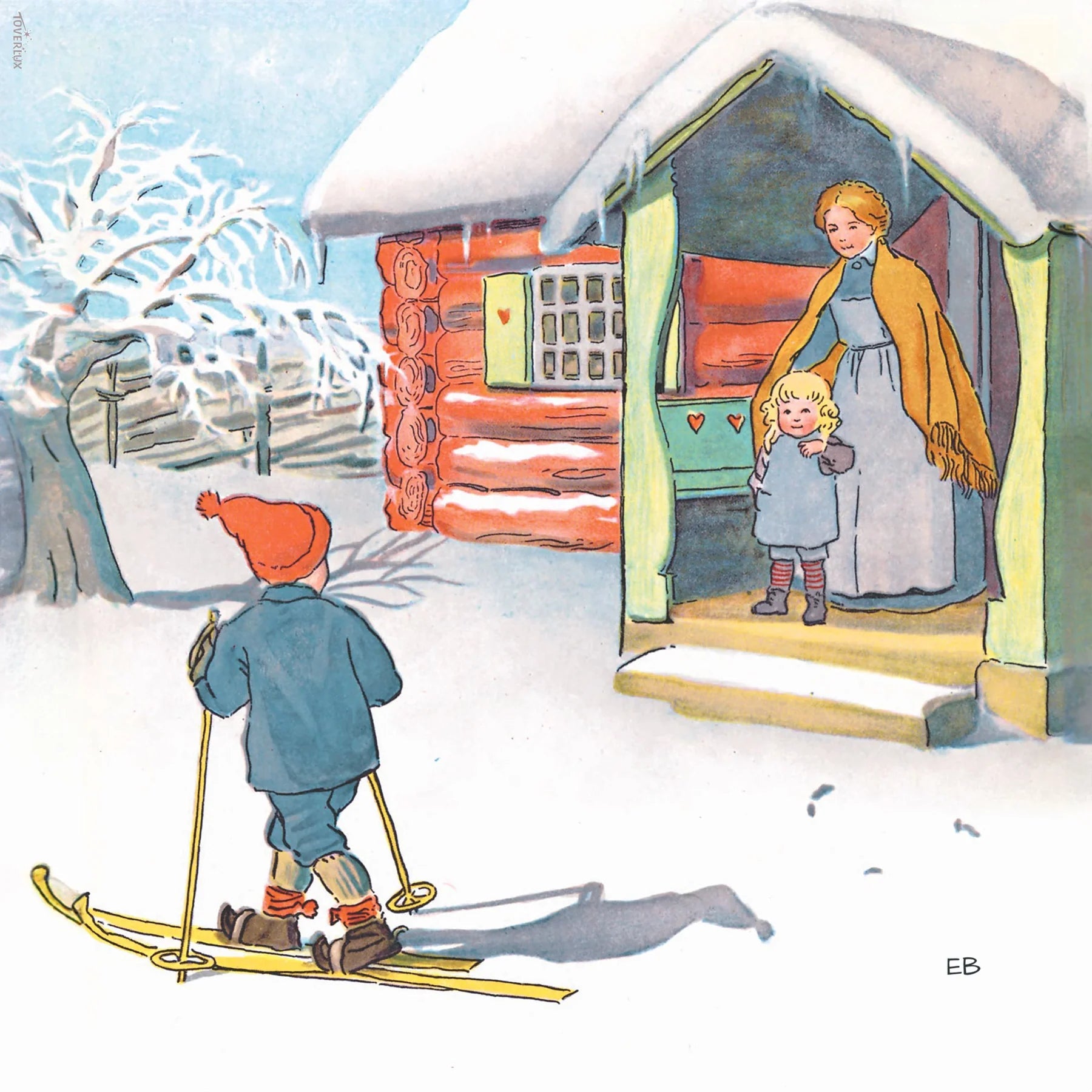 Illustration of a child on skis approaching a house with two children on the porch.