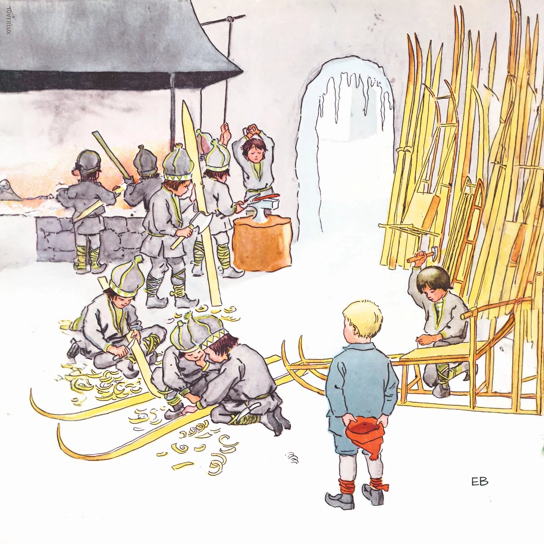 Illustration of children in winter clothing preparing skis, with a boy observing.
