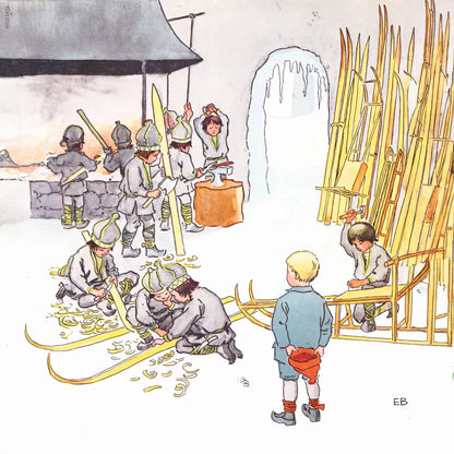Illustration of children in winter clothing preparing skis, with a boy observing.