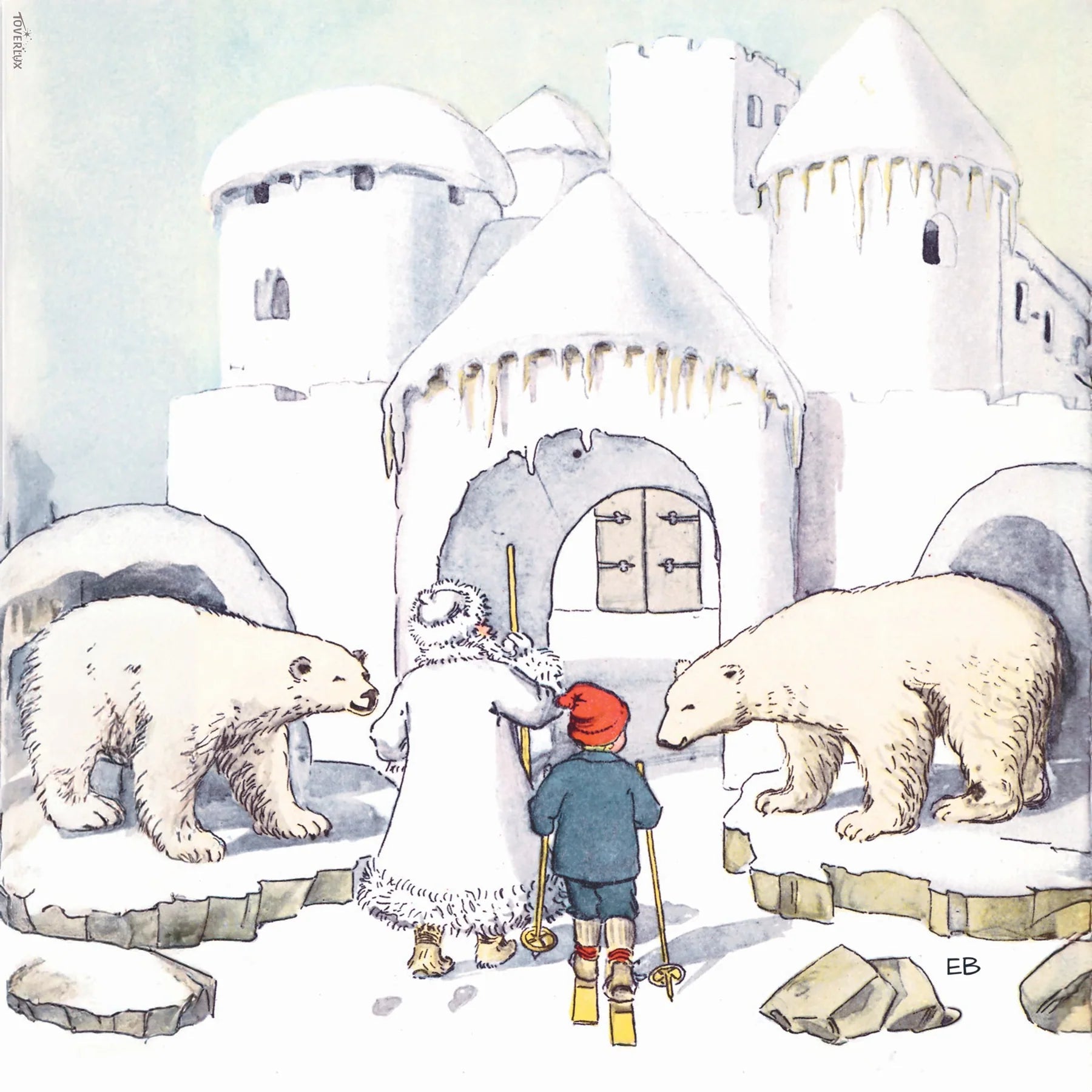 Illustration of a child with two polar bears in front of a castle-like structure.
