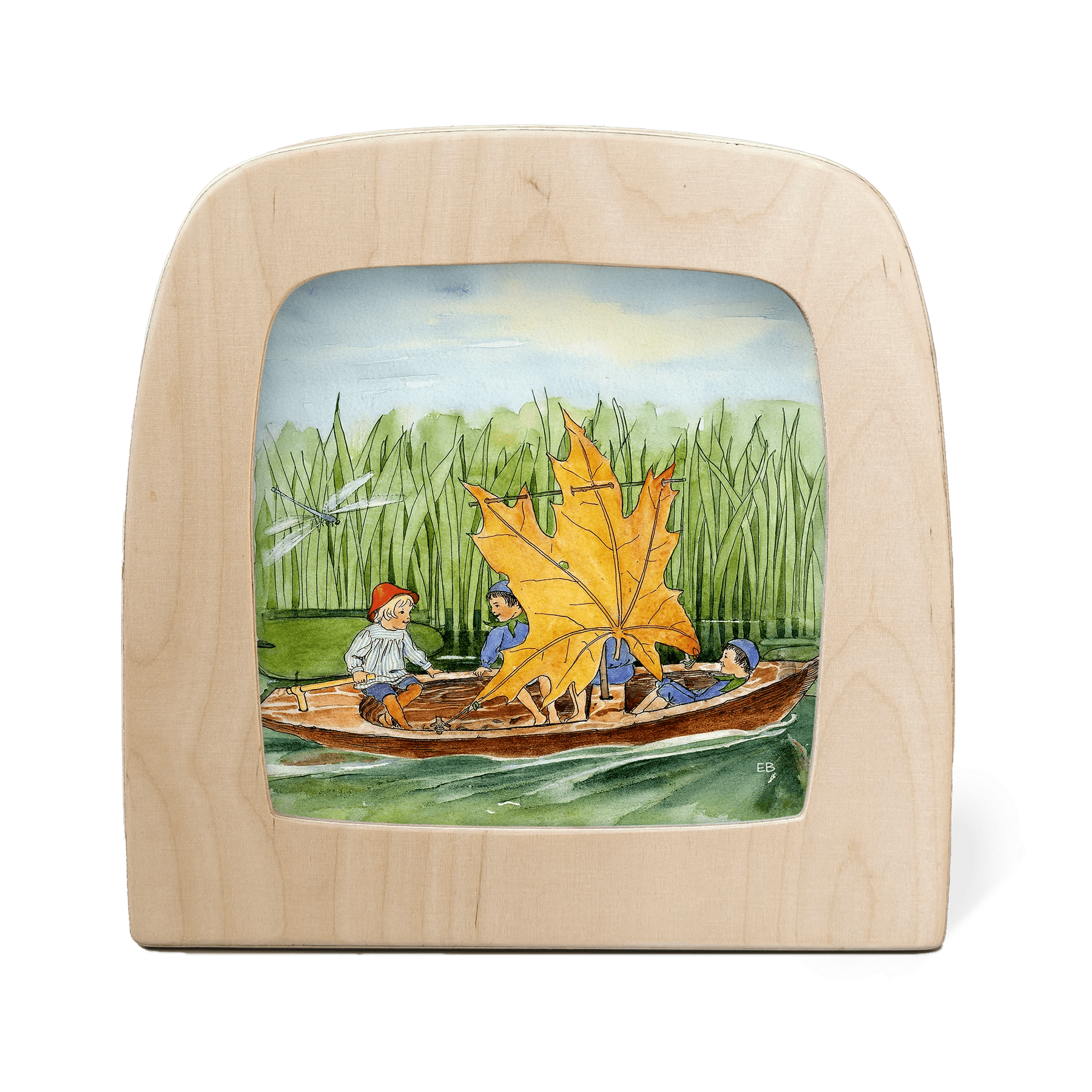 Wooden frame with a painted scene of children in a boat with a leaf sail on a white background