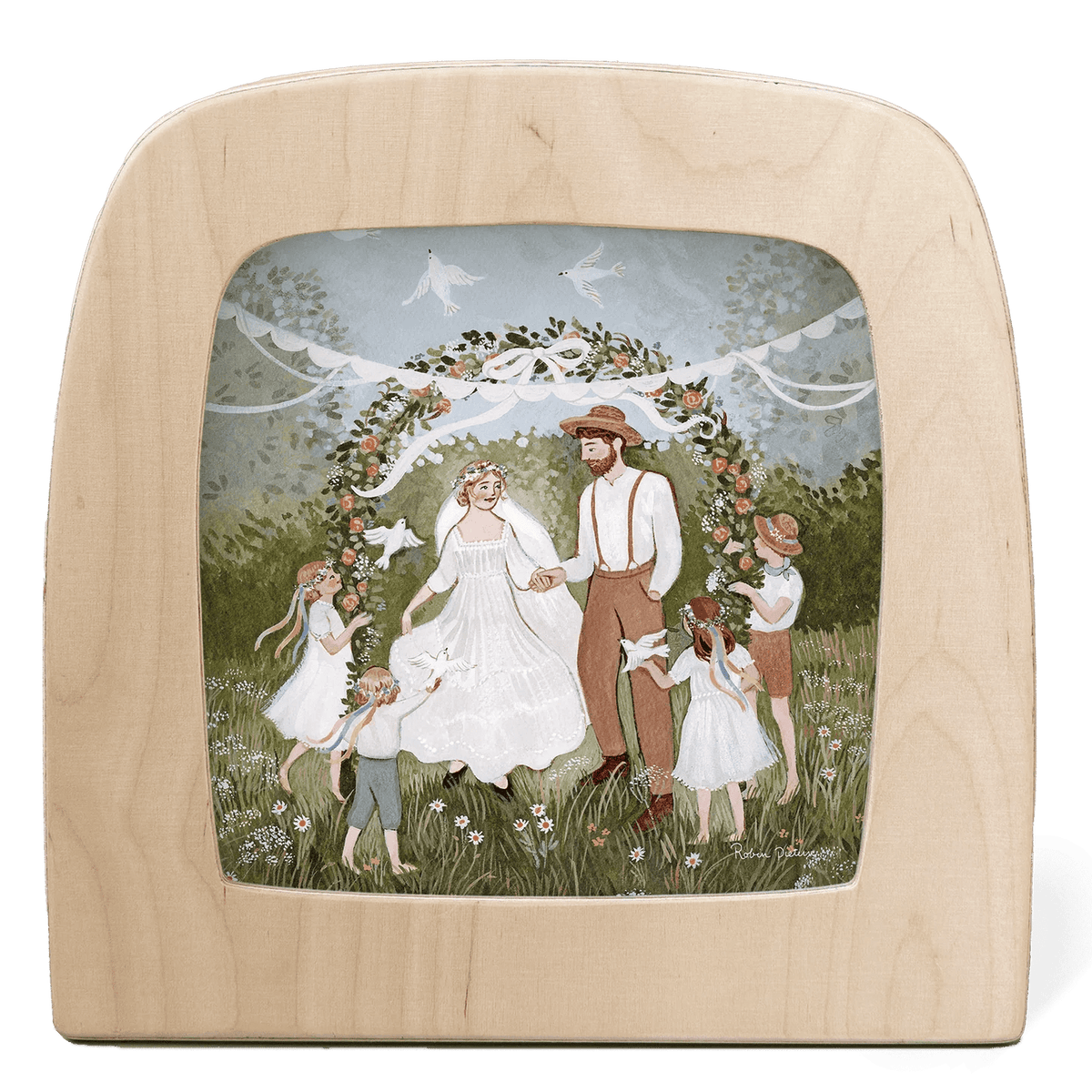 Silhouette of married couple and children under a floral arch