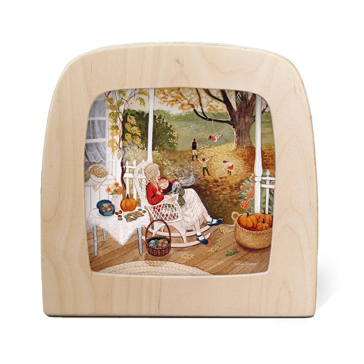 Toverlux lamp featuring a printed autumn porch scene with a woman in a rocking chair, pumpkins, trees, and a child in the background.