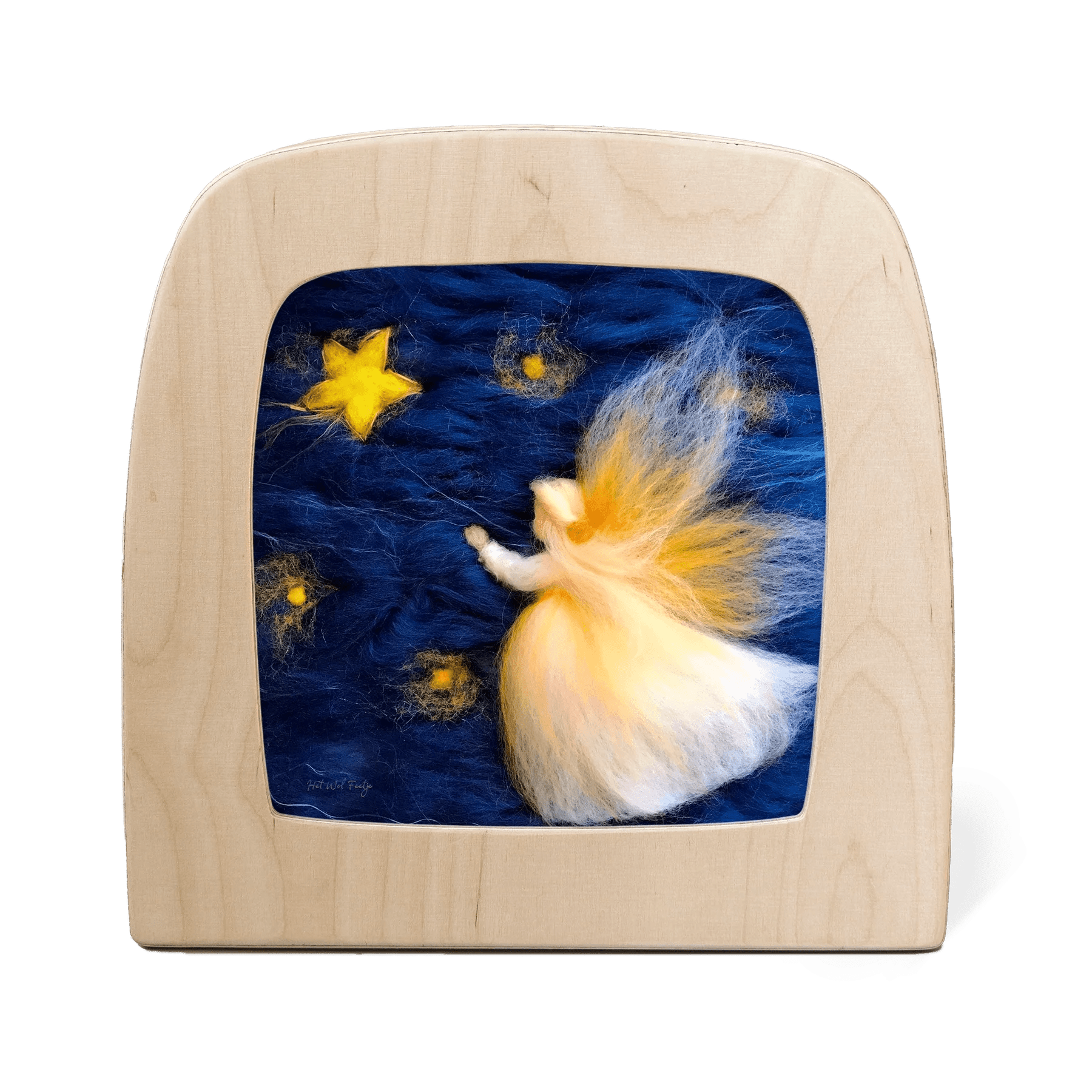 Wooden frame with a fairy and star design on a blue background