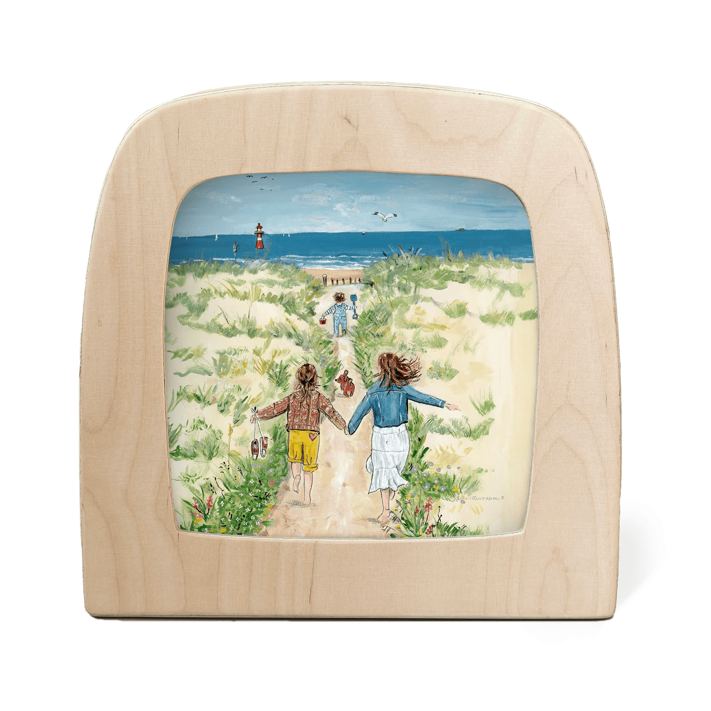 Silhouette of a beach scene with children running to the ocean