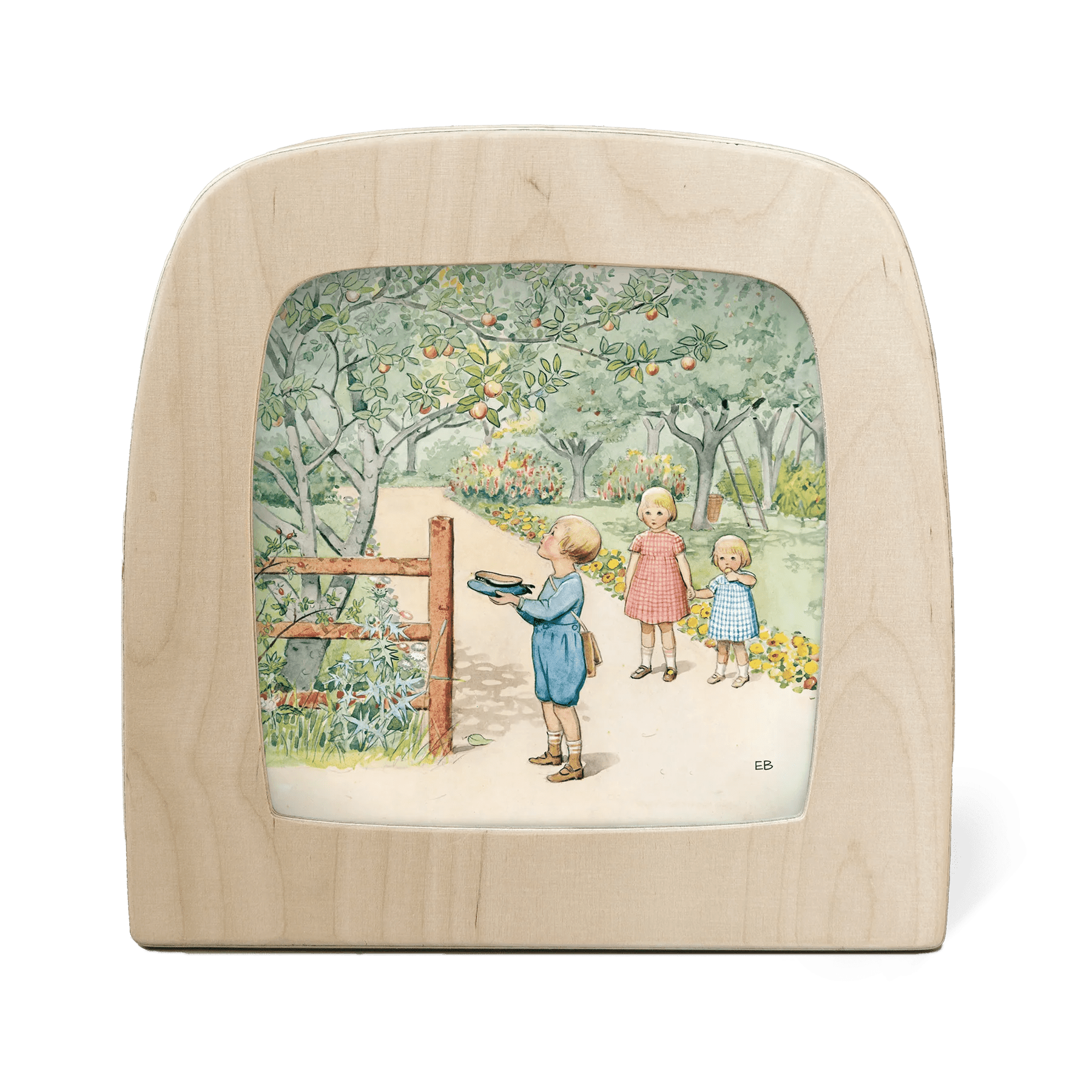 A little boy stands under an apple tree waiting for an apple to fall into his hat, while two little girls look on