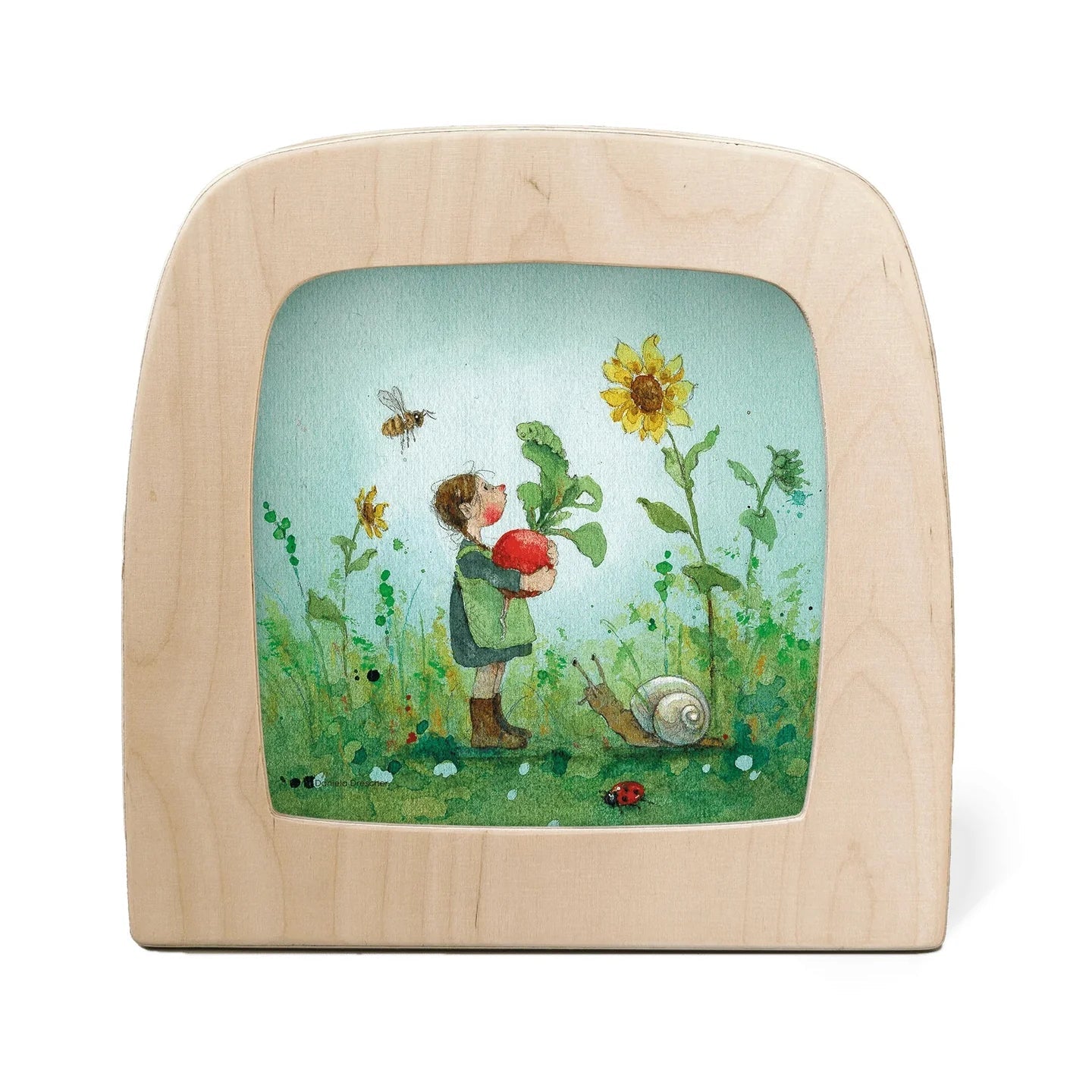 Silhouette of a child holding a radish in a garden surrounded by bees, snails, and ladybugs