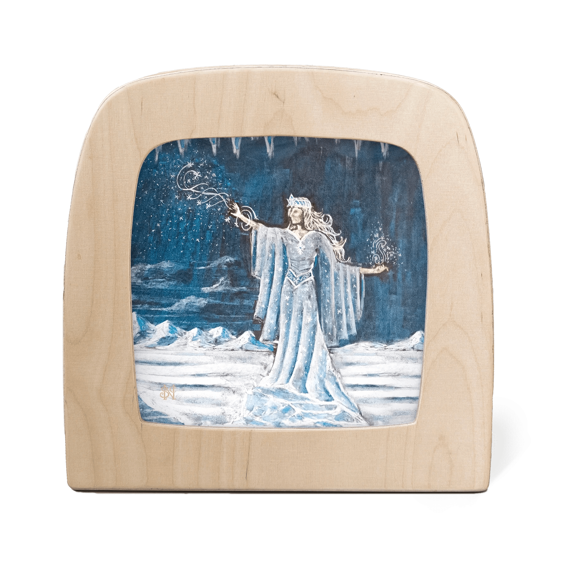Silhouette featuring a snow queen with  a snowy cave in the background