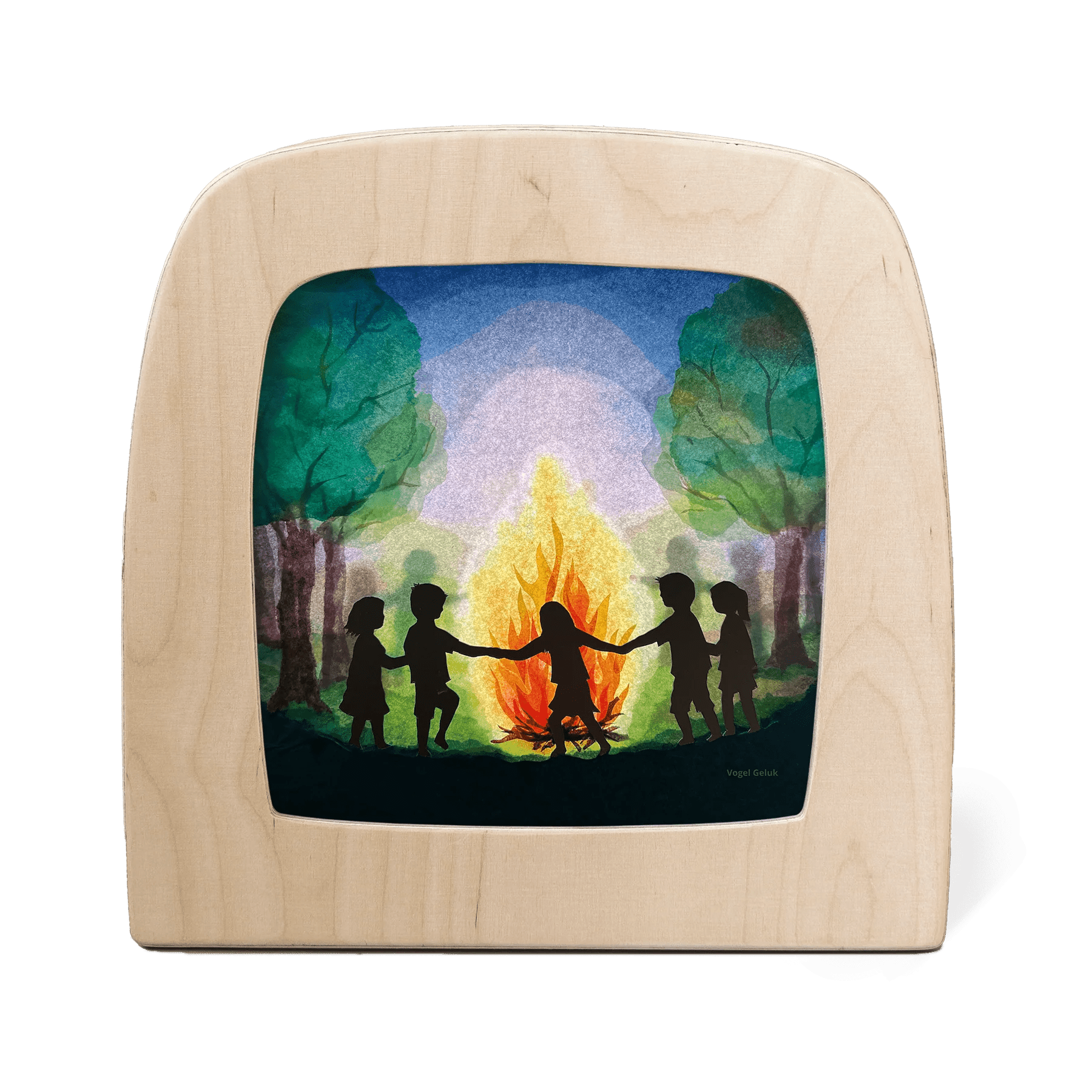Silhouette of children holding hands around a large bonfire