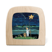 A young boy and his teddy bear catch stars out of the night sky