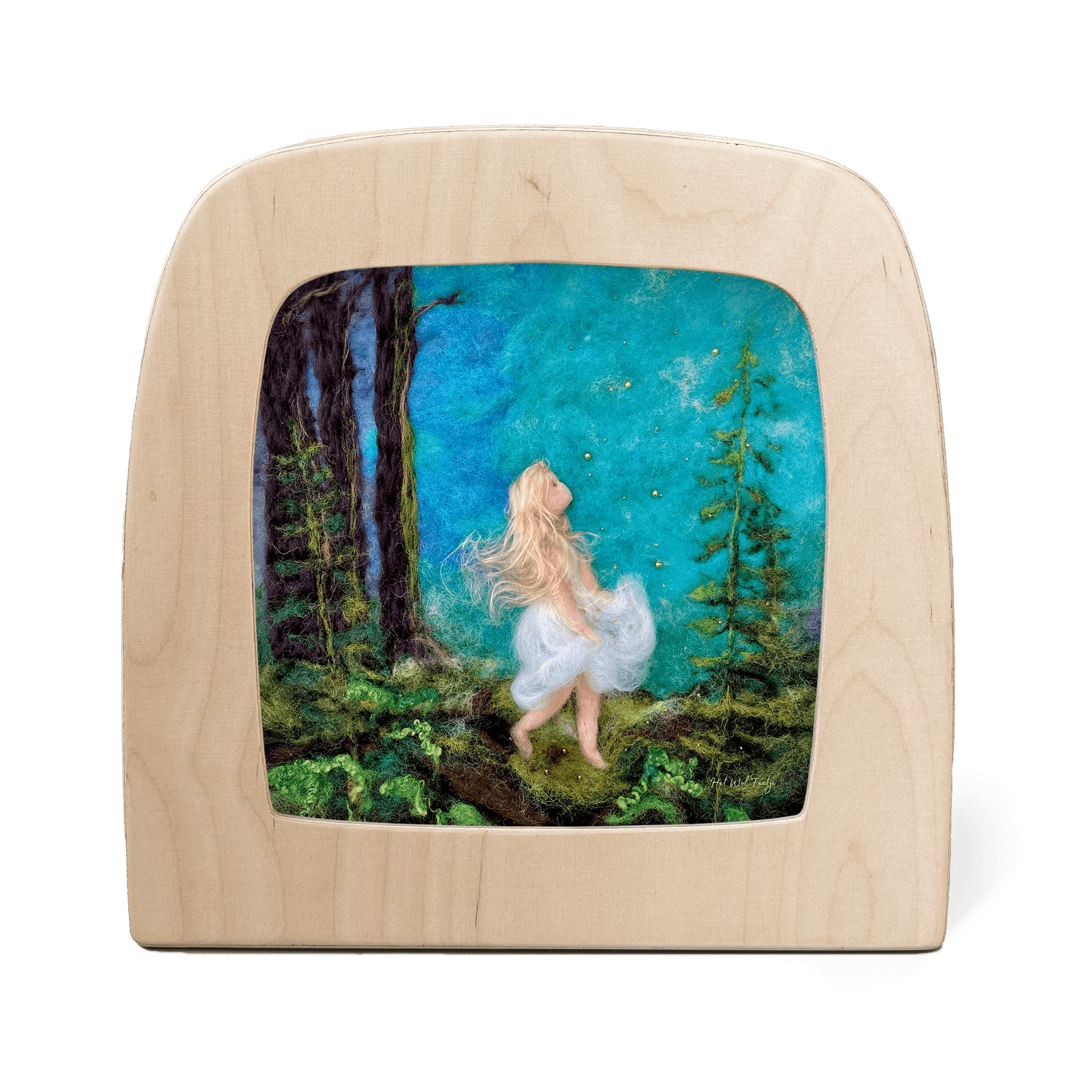 Scene of a girl looking up at the starry sky in a wooden frame