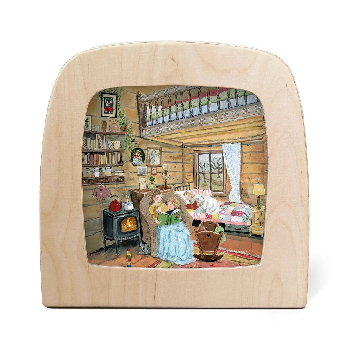 Toverlux lamp featuring a colorful illustration of a cozy log cabin living room on the front, set against a plain white background.