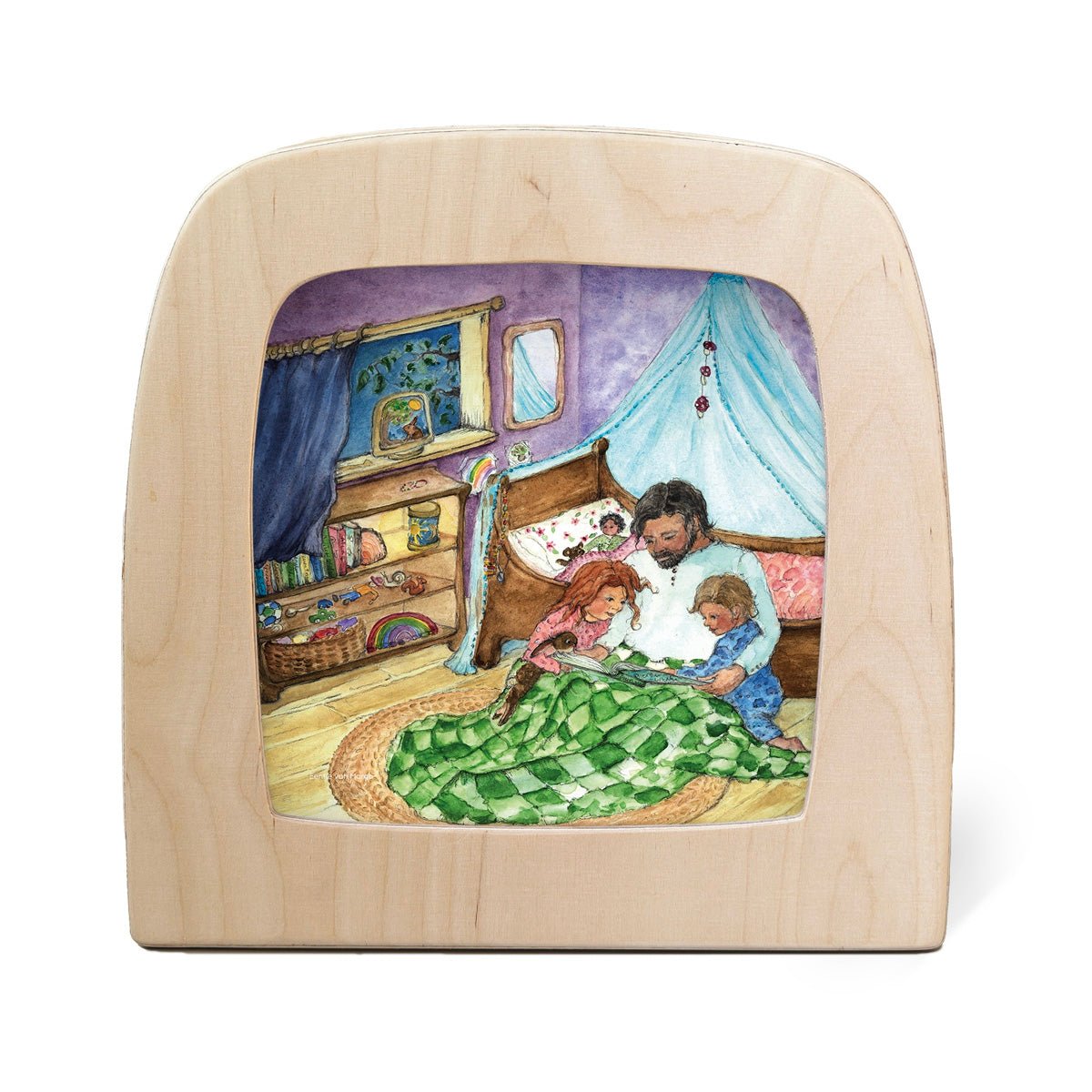 Tovberlux lamp featurin an illustration of a father reading stories to his children in their bedroom in a wooden frame