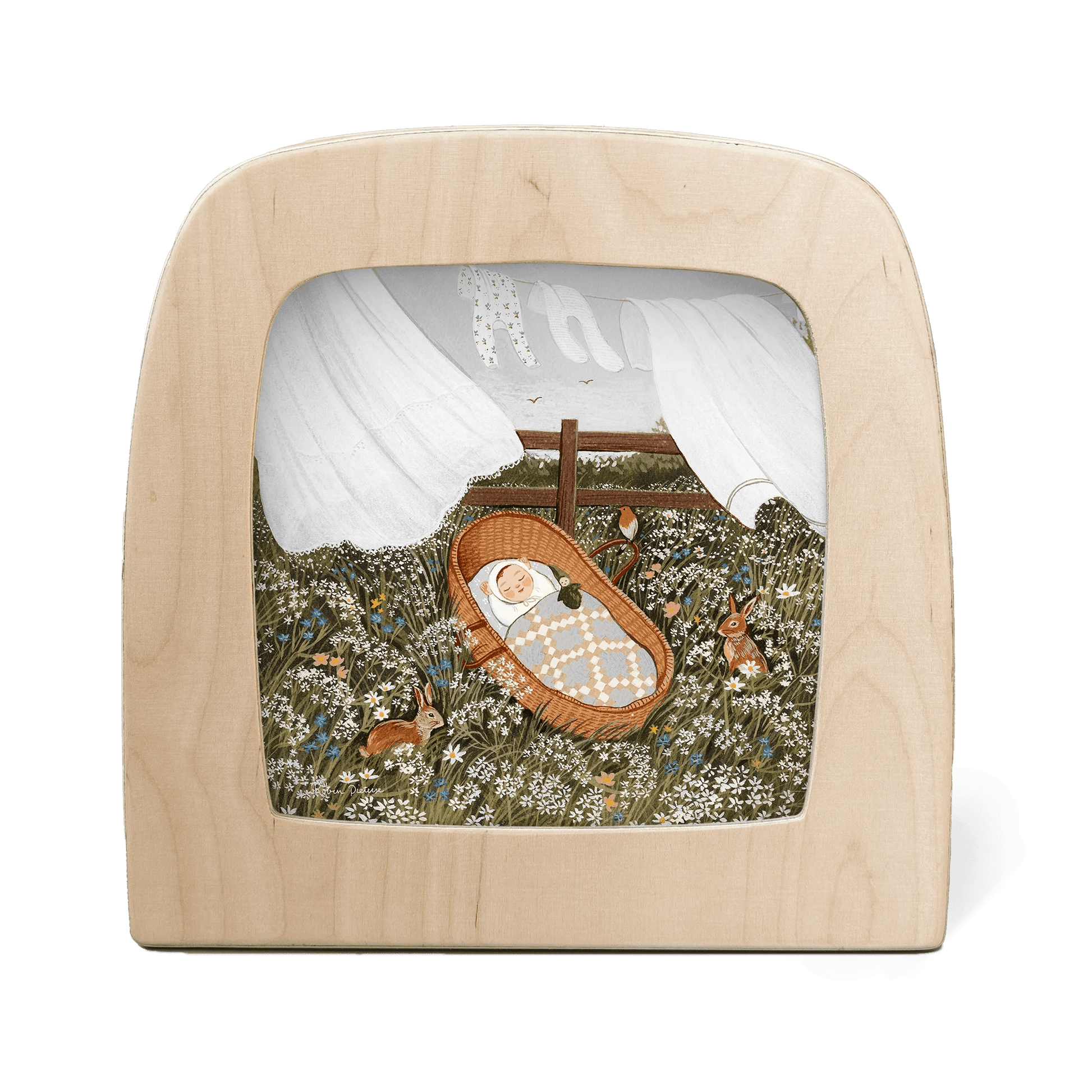 Silhouette of baby sleeping in a basket in a field of flowers and a clothesline