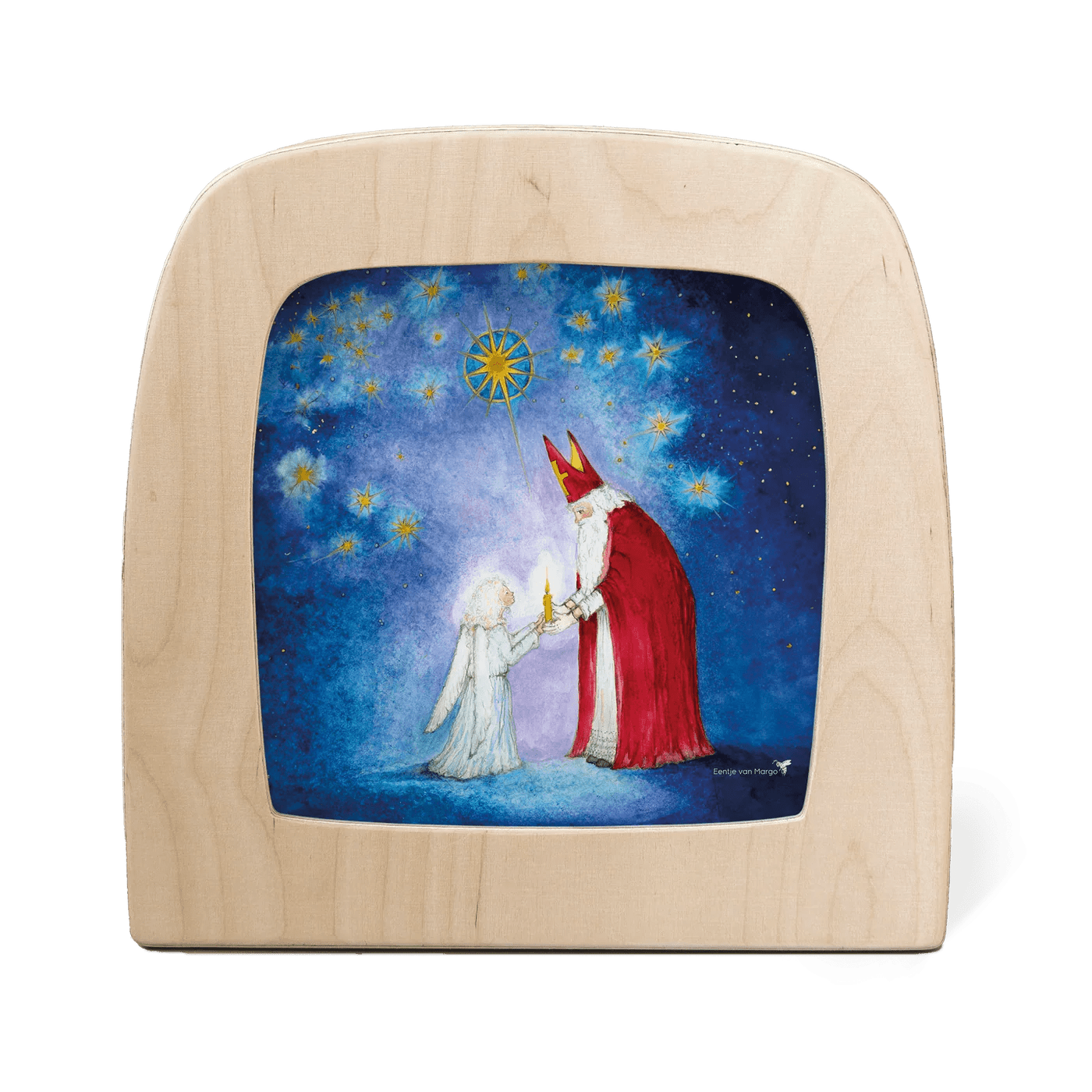 Silhouette of St. Nicholas gifting a candle to a young angel