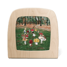 Silhouette of children running and jumping on the tops of mushrooms