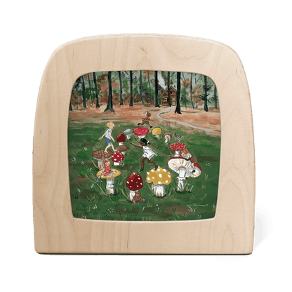 Silhouette of children running and jumping on the tops of mushrooms