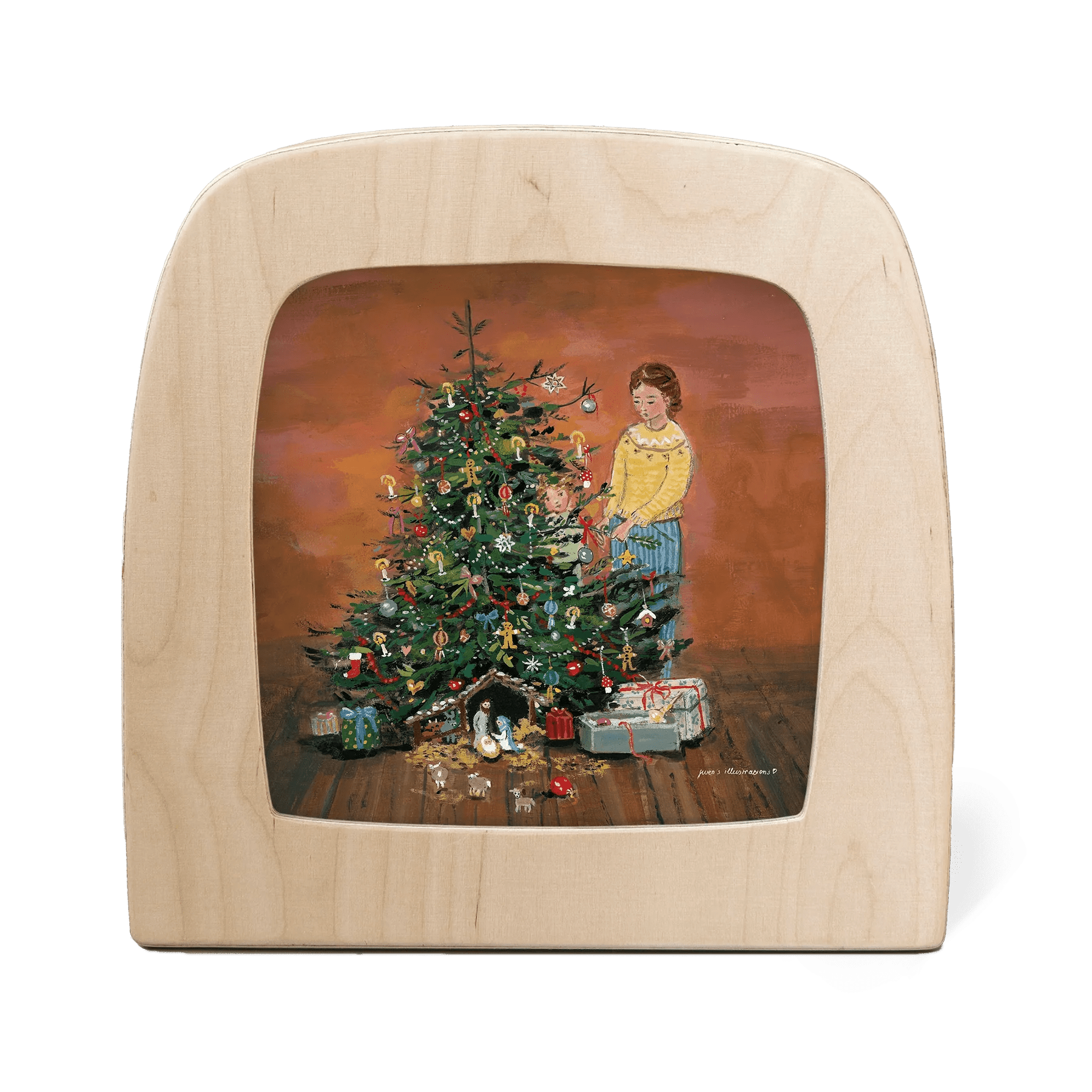 Silhouette of a mother and child decorating a Christmas tree, with presents and a nativity scene at the base