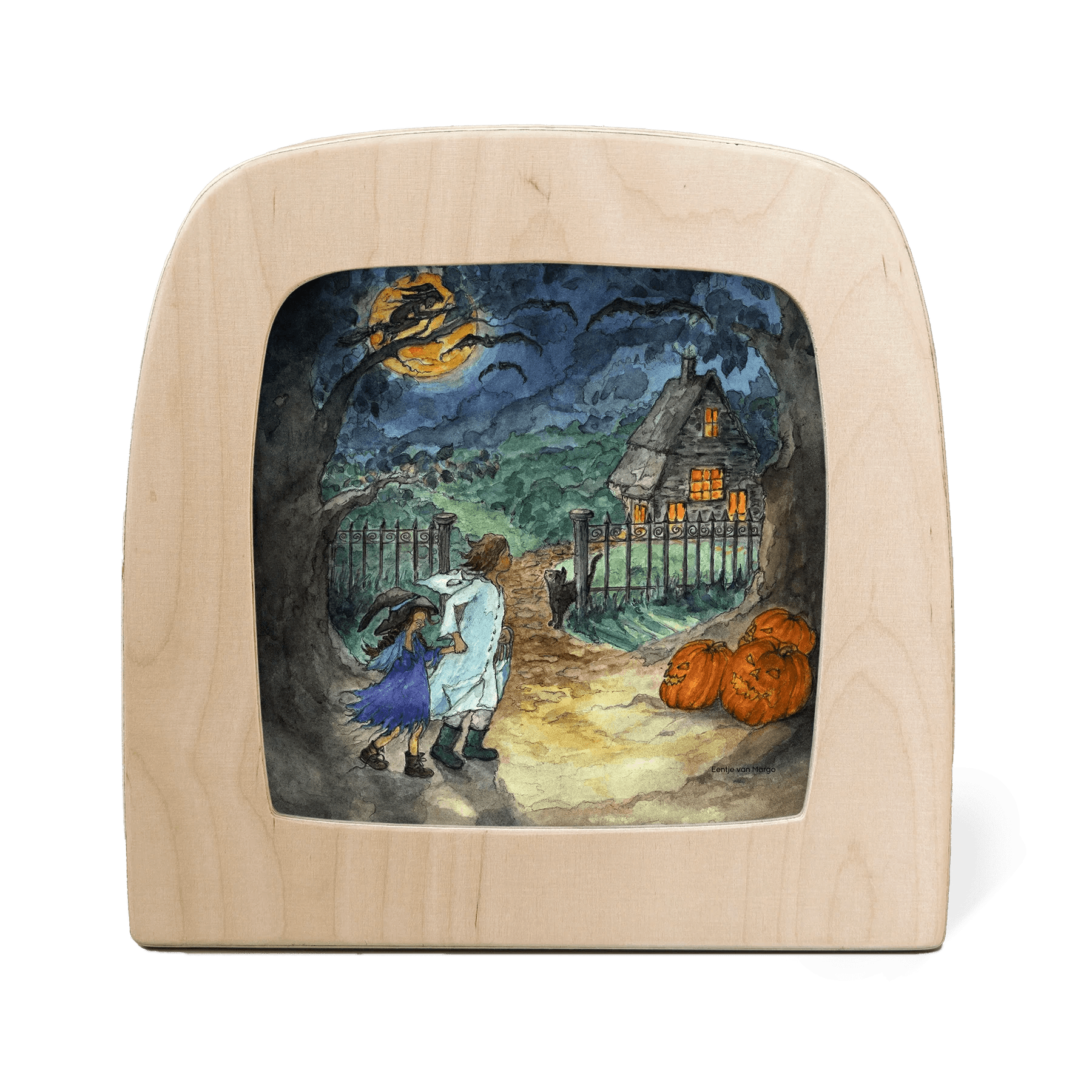 Wooden frame with silhouette of two children trick or treating in the woods
