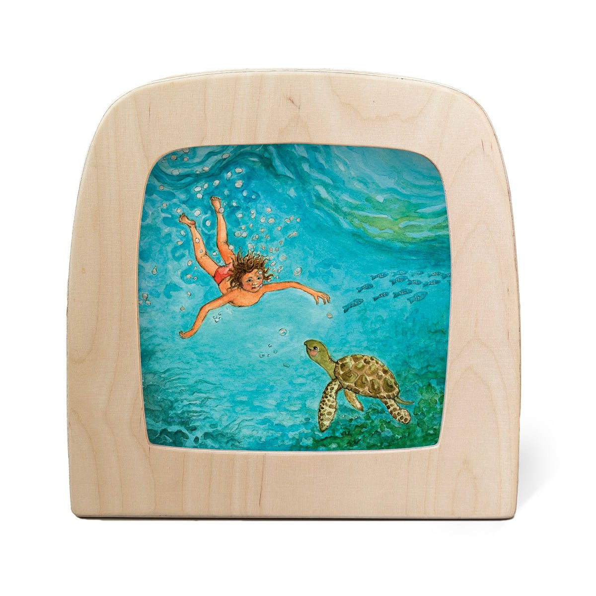 Silhouette featuring a child swimming in the ocean with a sea turtle.