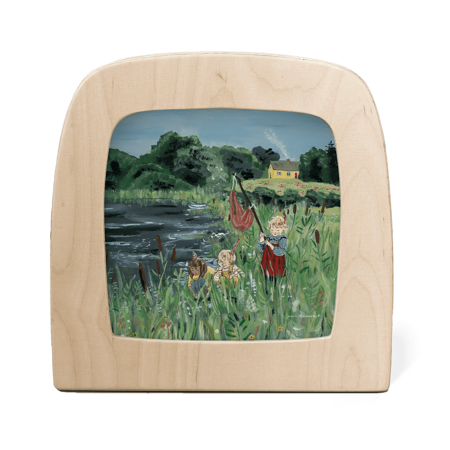 three children play by the lake with lush green trees and a yellow house in the background