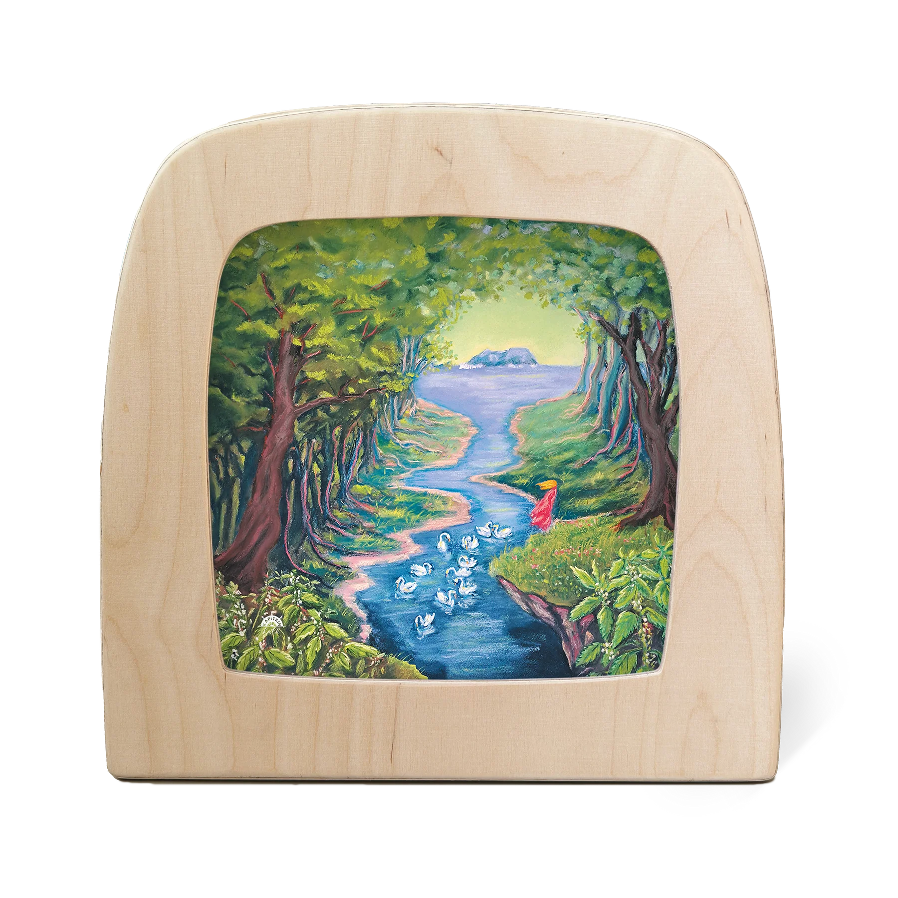 Wooden frame with silhouette of swans in a river surrounded by a forest